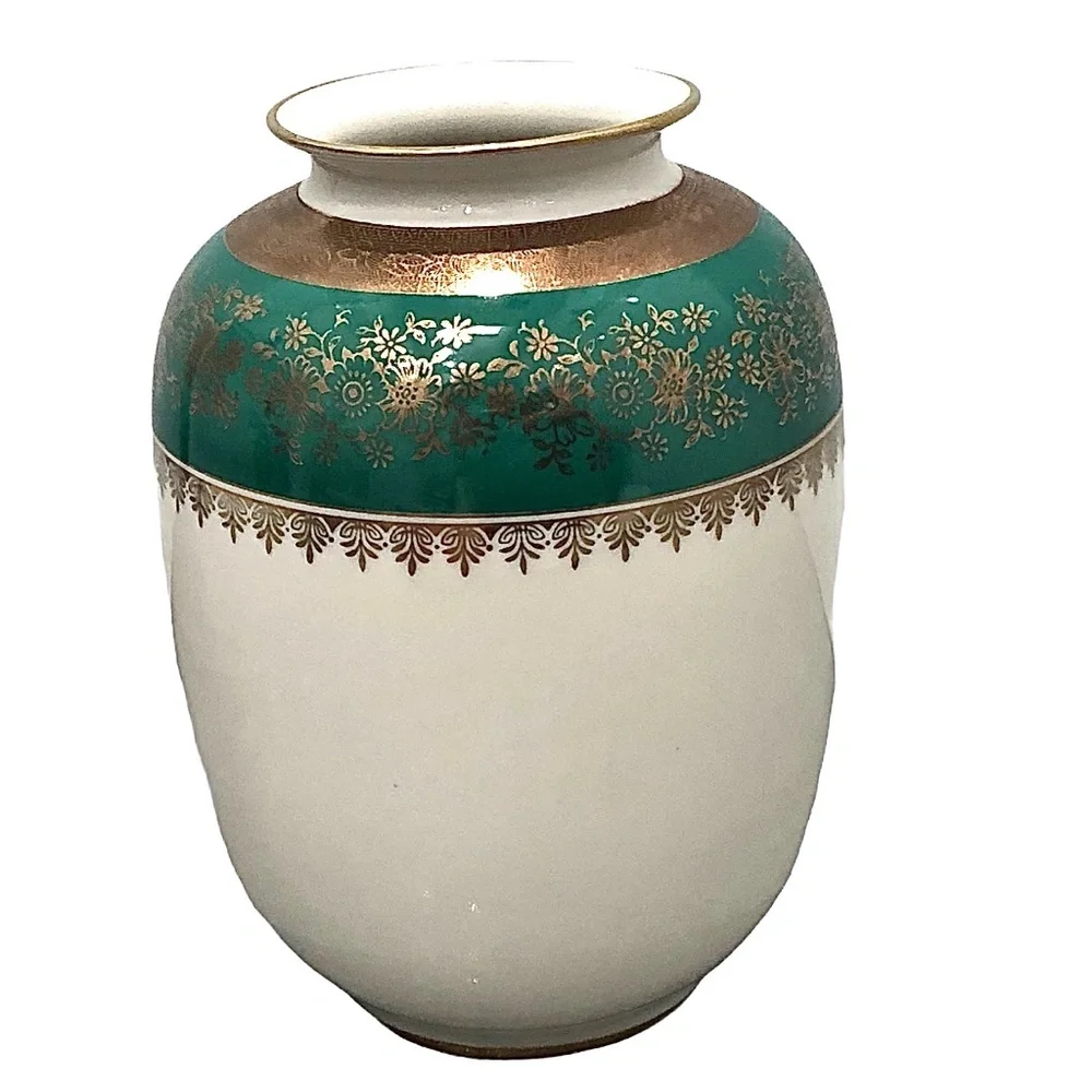 VINTAGE ESCHEBACH OF GERMANY 1945 WHITE, GREEN & GOLD PORCELAIN VASE